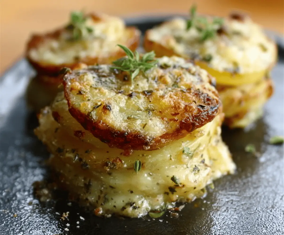 Cheesy Au Gratin Potato Stacks with golden brown crust on a serving plate.