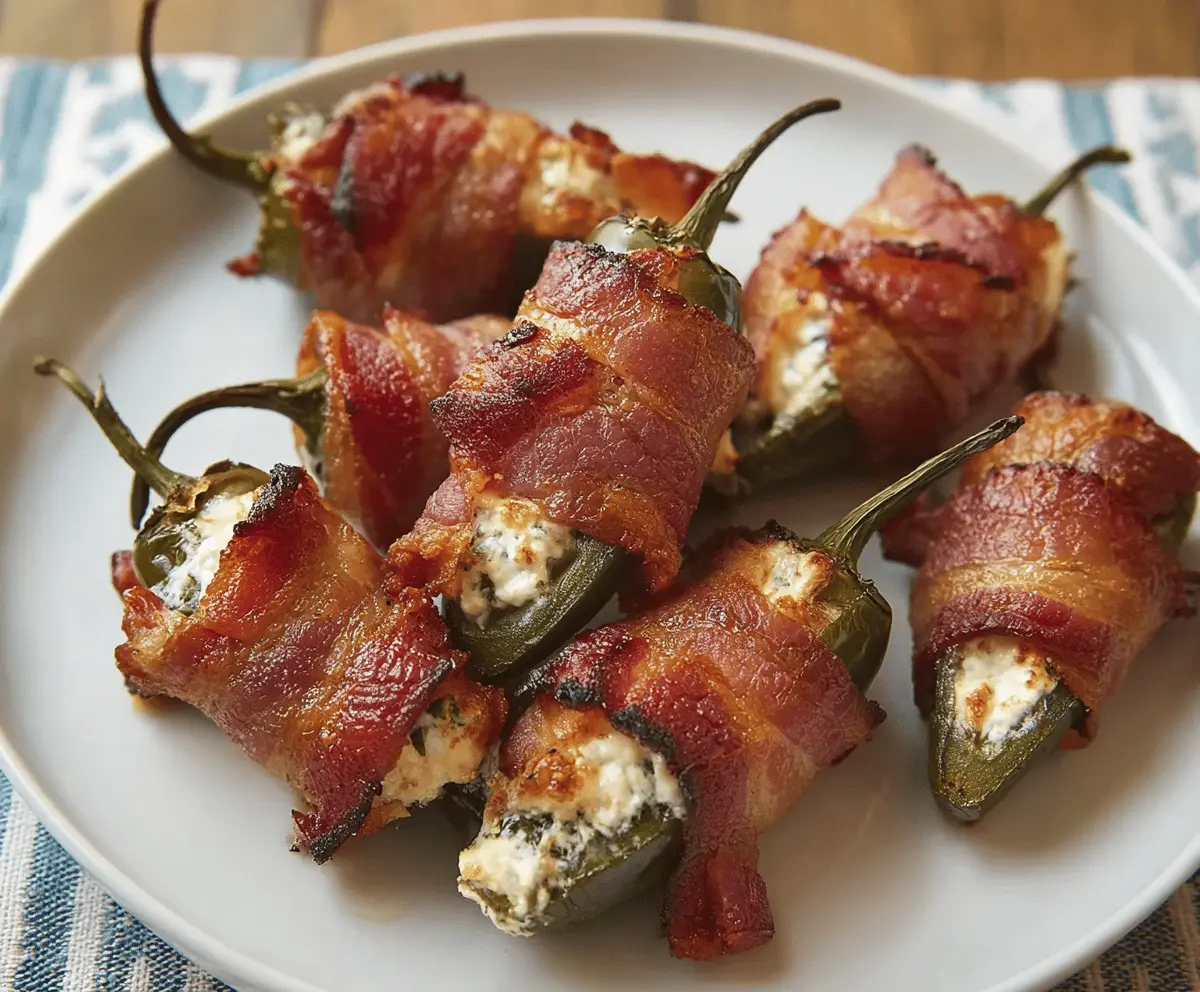 Bacon-wrapped jalapeño poppers filled with cheese on a plate, perfect for appetizer parties.