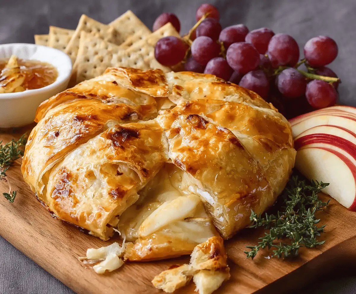 Delicious baked Brie cheese wrapped in flaky puff pastry, ready to serve as an appetizer.