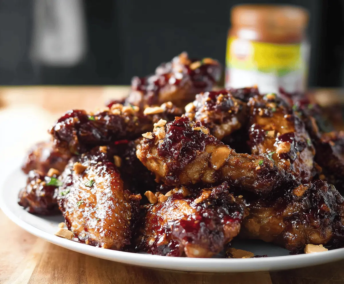 Delicious baked peanut butter and jelly chicken wings on a serving platter, perfect for snack or appetizer.