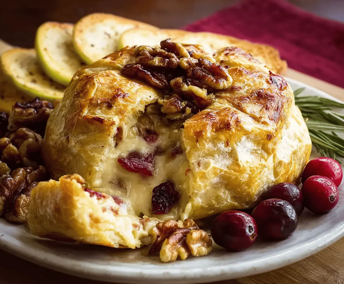 Delicious baked stuffed brie topped with cranberries and walnuts, perfect as an appetizer or party dish.