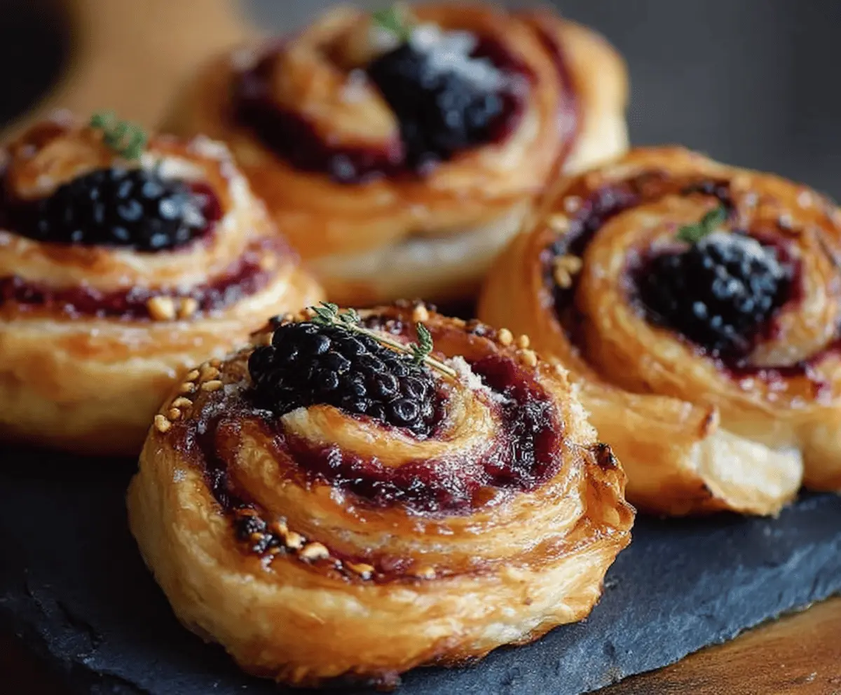 Delicious Blackberry Brie Pastry Swirls with fresh berries and creamy cheese on a flaky pastry background