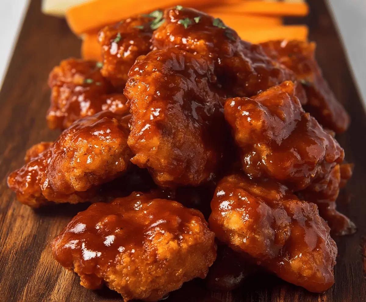 Delicious boneless BBQ wings with smoky barbecue sauce and crispy coating.