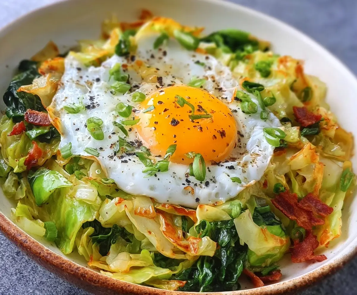 Delicious breakfast cabbage sauté served on a plate, garnished with herbs.