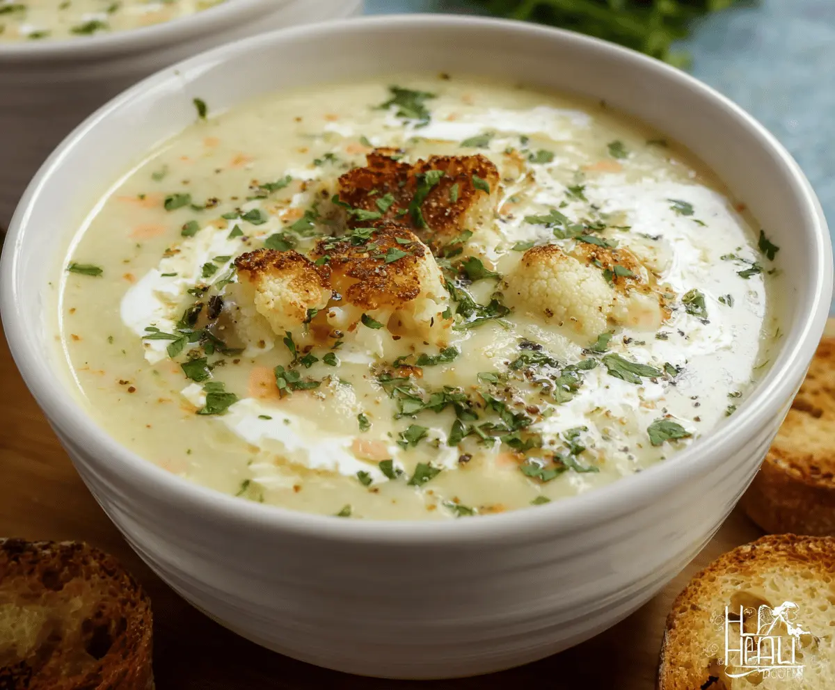 Creamy cauliflower soup served in a bowl with fresh herbs, perfect for a healthy meal.