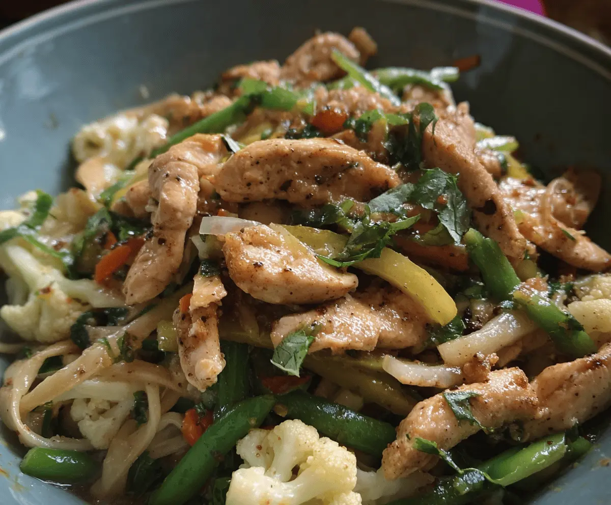 Healthy chicken and cauliflower stir-fry with colorful vegetables, perfect for a quick dinner recipe.