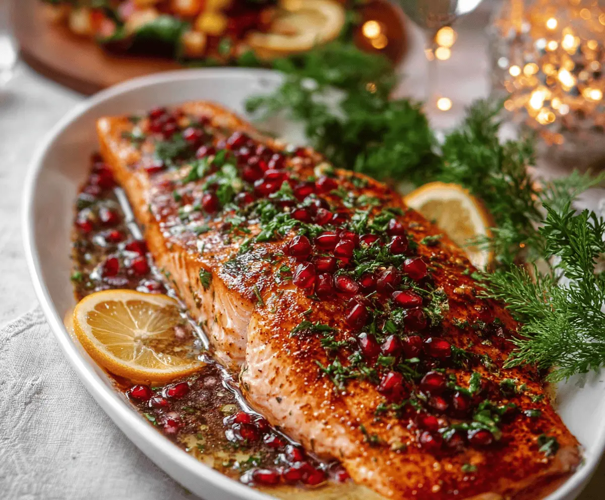 Festive Christmas salmon dish with herbs and lemon garnishes, perfect for holiday dinner