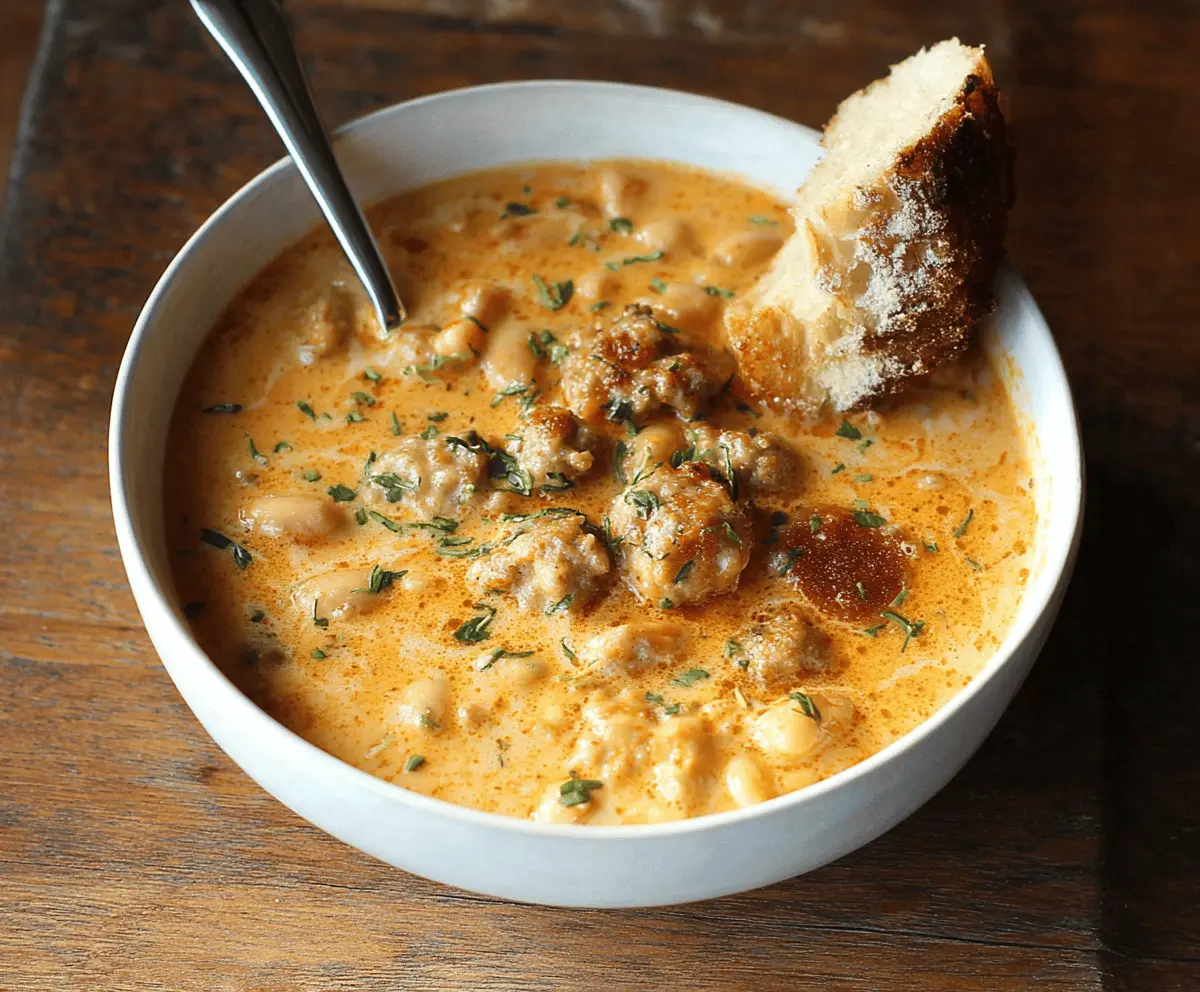 Hearty creamy bean soup with slices of sausage in a rustic bowl, garnished with fresh herbs.