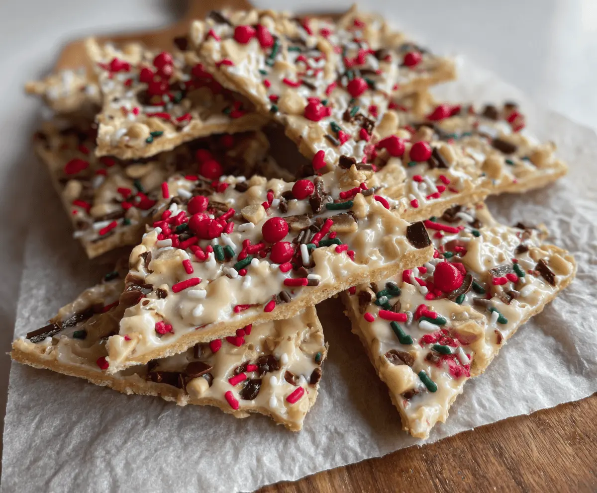 Delicious crispy protein Christmas bark topped with festive holiday ingredients.
