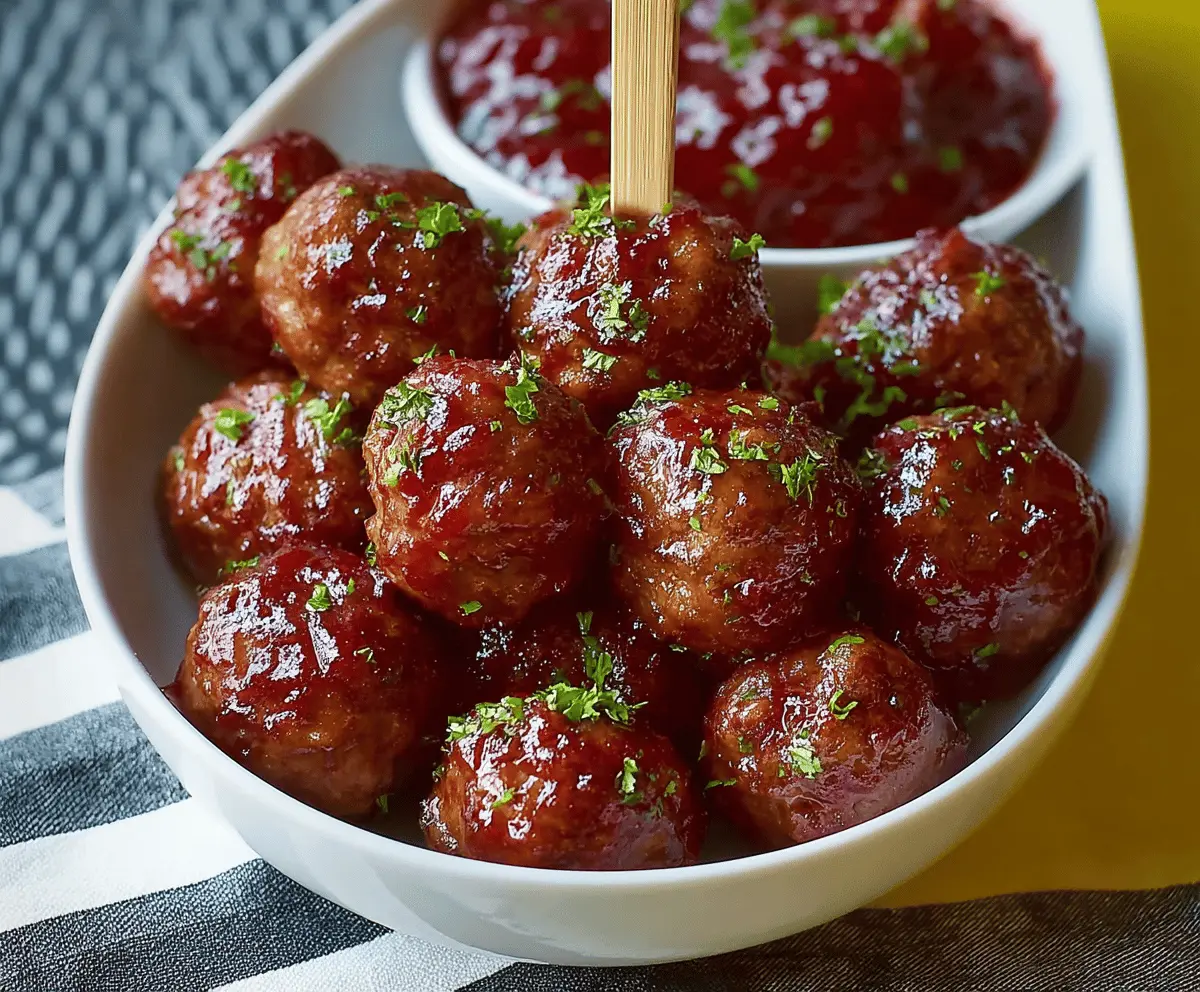 Delicious crock pot party meatballs served in a festive dinner setting