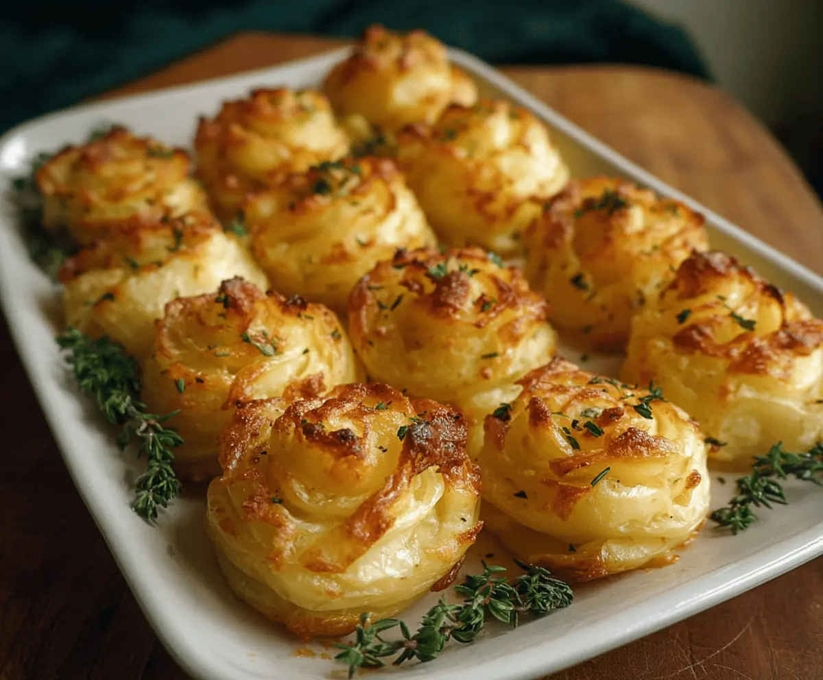 Creamy Duchess Potatoes garnished with herbs and served as an elegant side dish