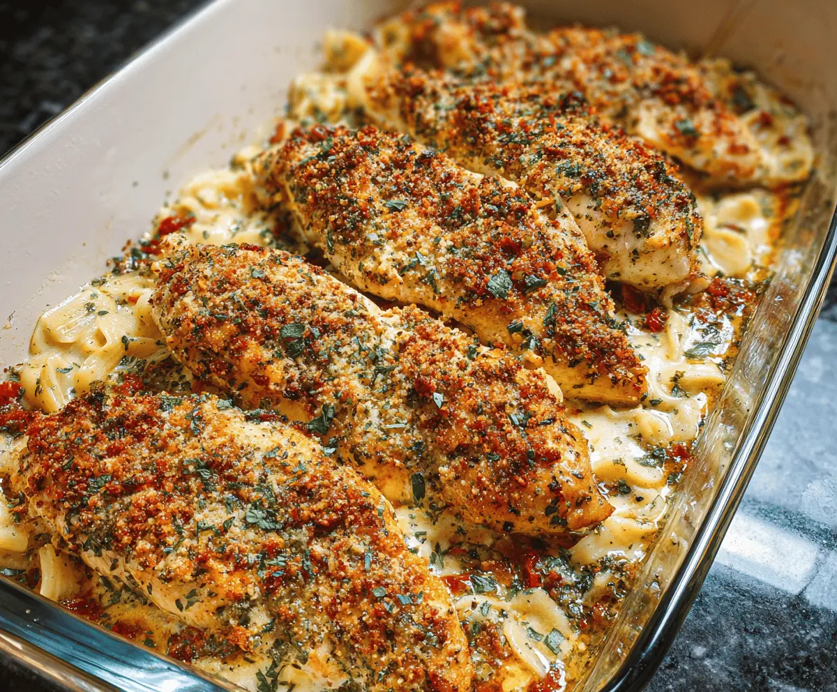 Delicious Garlic Parmesan Chicken Bake served with golden, crispy edges and a flavorful herb crust.