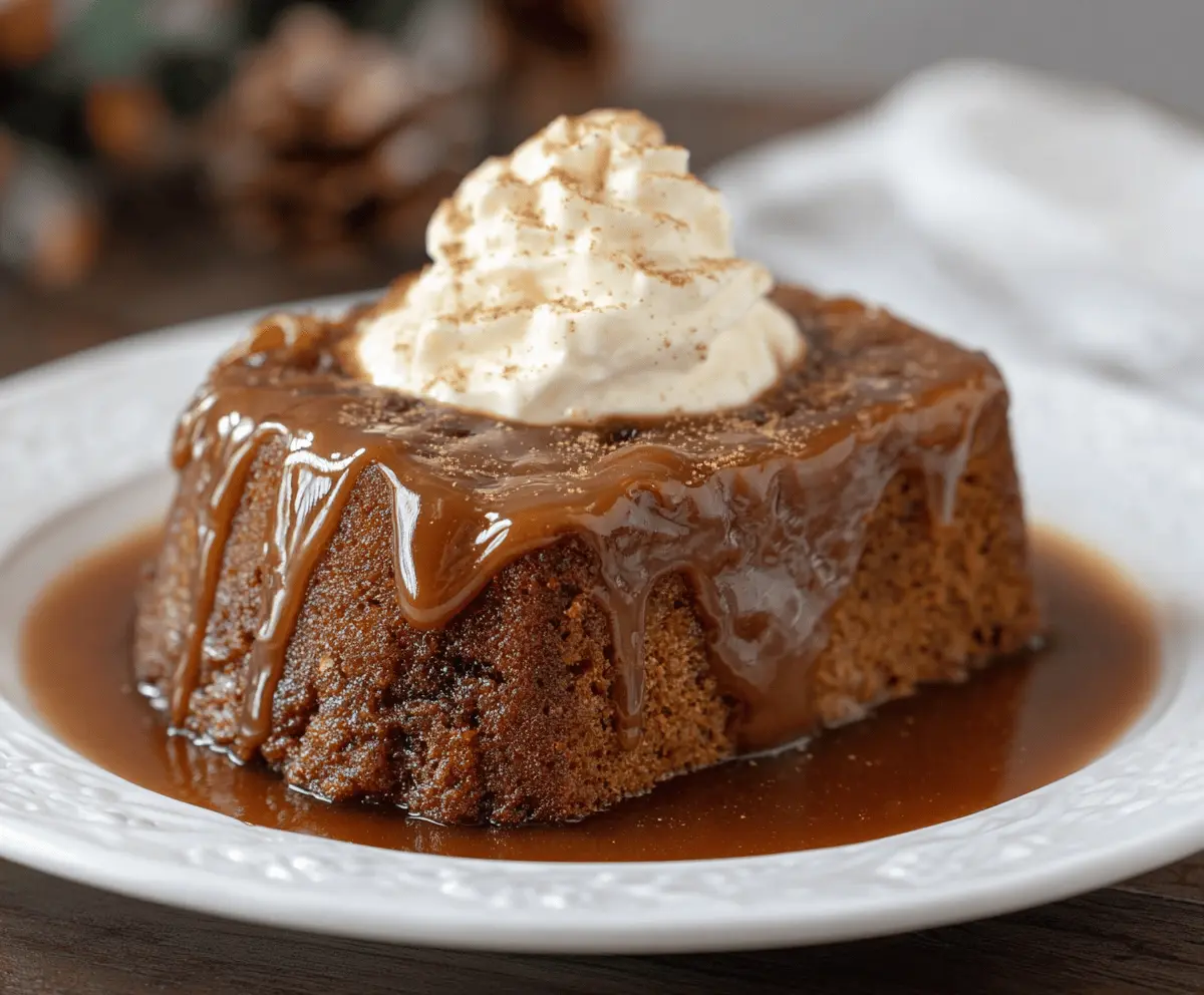 Delicious gingerbread pudding cake topped with whipped cream and cinnamon, perfect for holiday desserts.