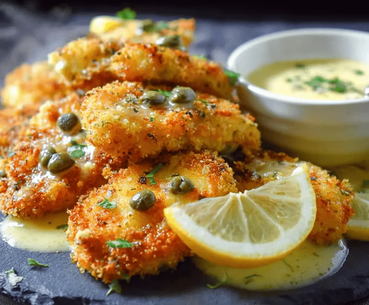 Golden chicken nuggets served with a tangy lemon piccata sauce, perfect for a crispy, flavorful meal.