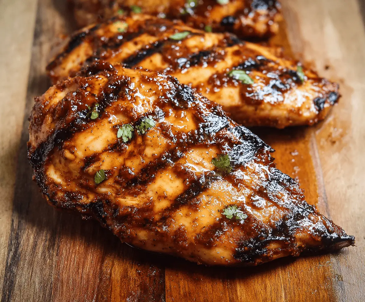 Juicy grilled chipotle lime chicken breasts garnished with fresh herbs on a summer plate.