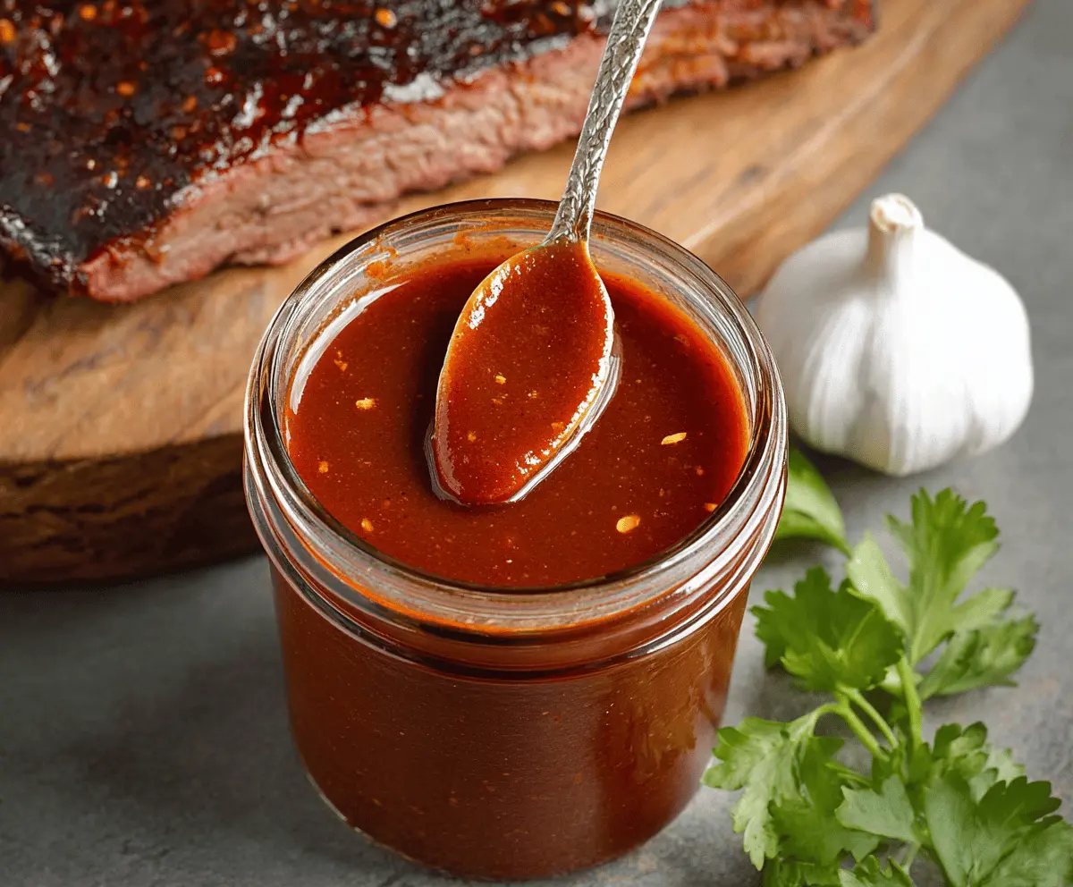 Delicious homemade Texas BBQ sauce in a jar, perfect for grilling and dipping.