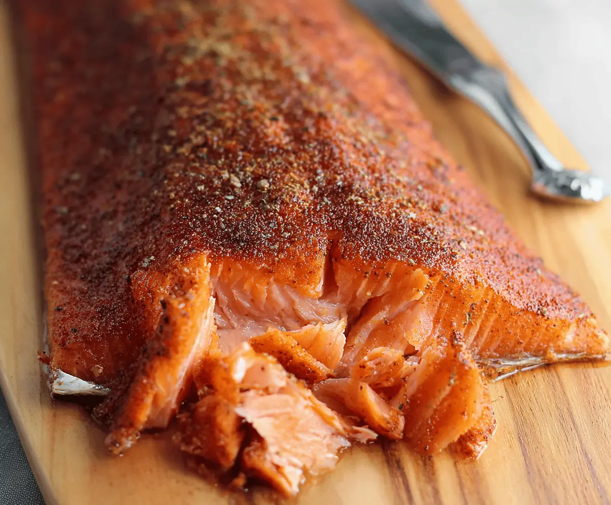 Delicious hot smoked salmon fillet coated with a brown sugar spice rub, ready to serve.