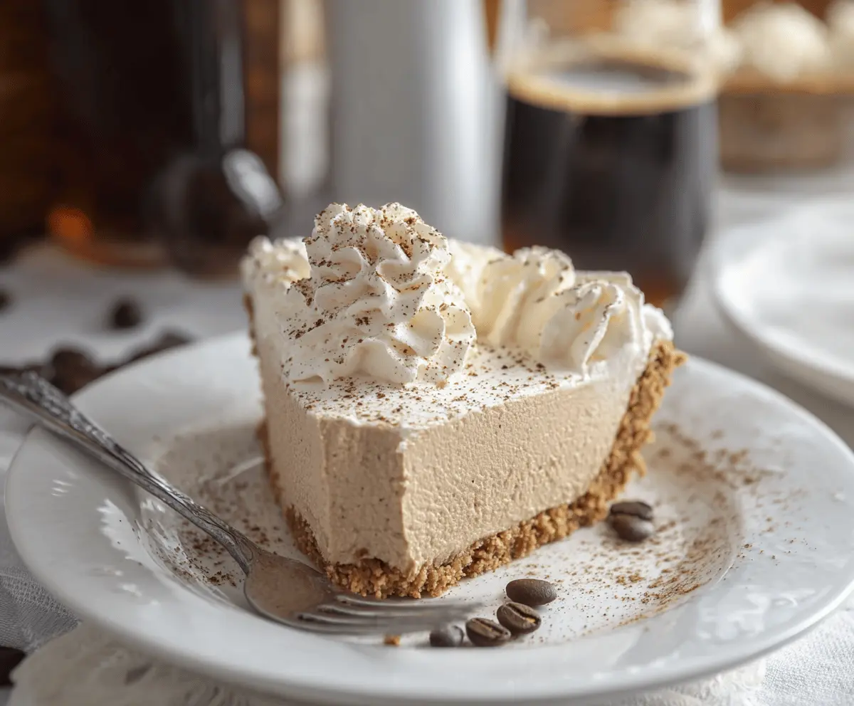 Delicious Irish Coffee Pie with whipped cream and coffee-flavored filling on a rustic plate.