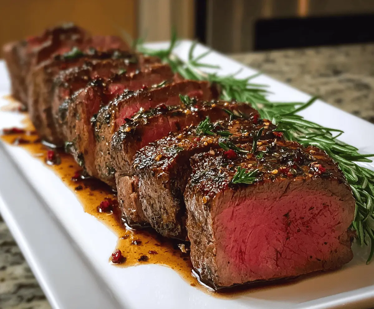 Juicy Million Dollar Roast Beef Tenderloin garnished with herbs on a rustic wooden platter.