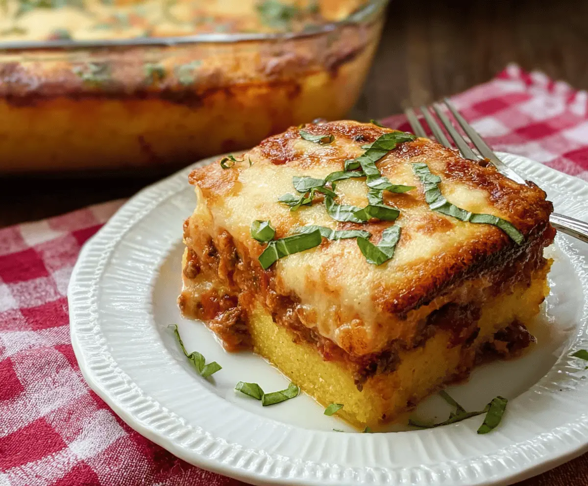 Delicious Italian Polenta Casserole topped with cheese and fresh herbs, served in a baking dish.
