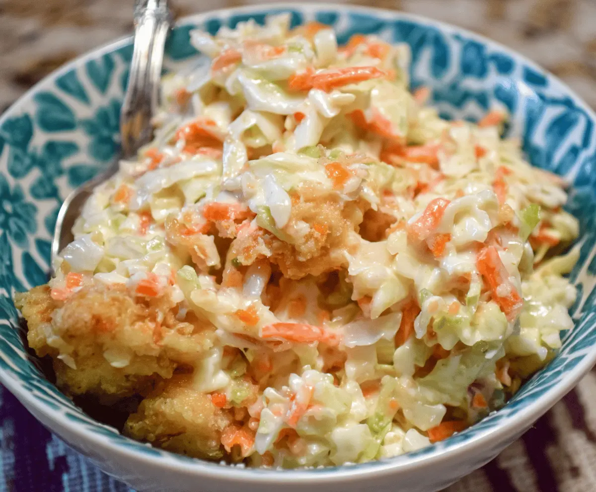 Delicious homemade KFC-style coleslaw with fresh shredded cabbage and creamy dressing