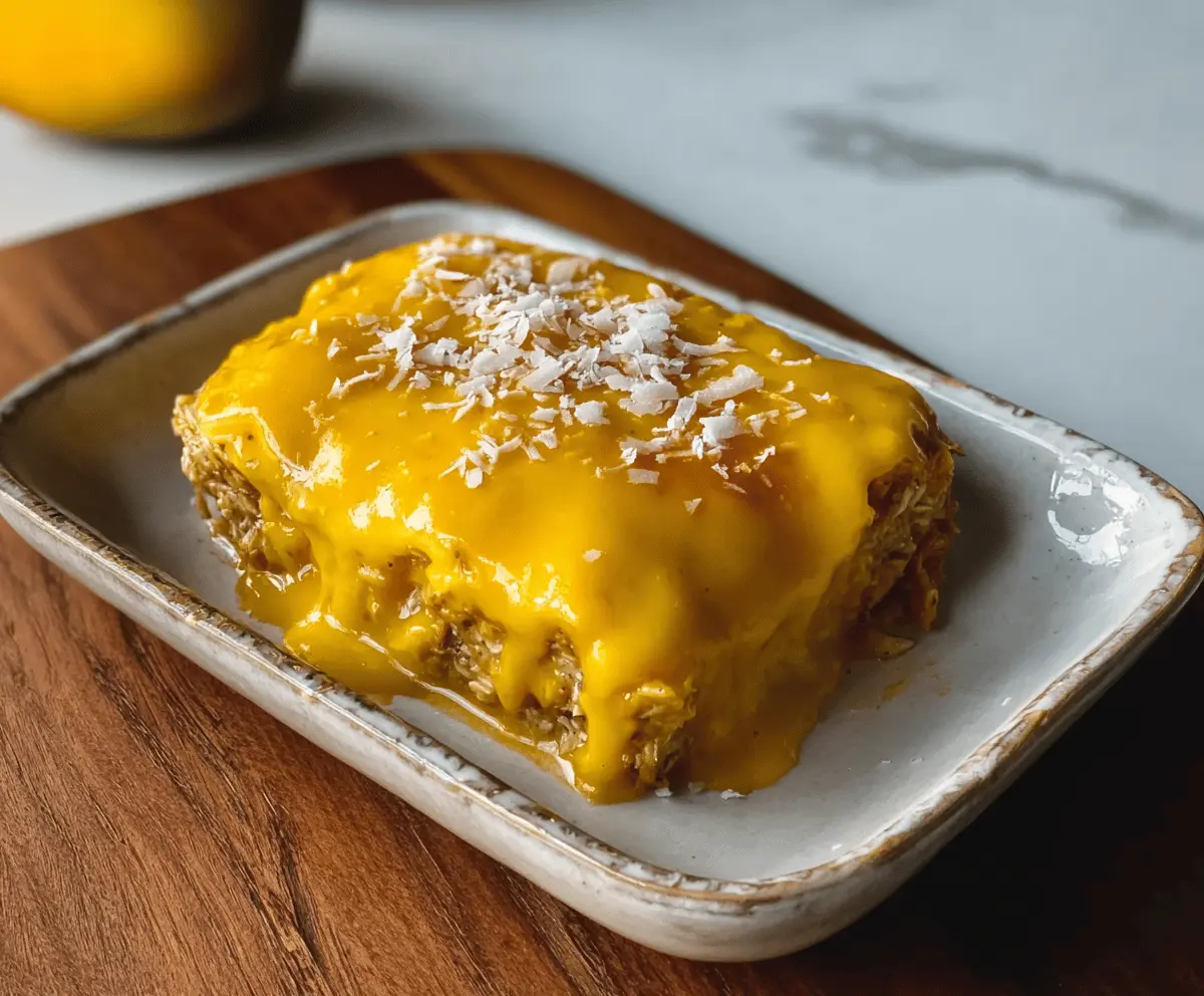 Delicious Mango Coconut Baked Oats served in a bowl, garnished with fresh mango slices and shredded coconut.