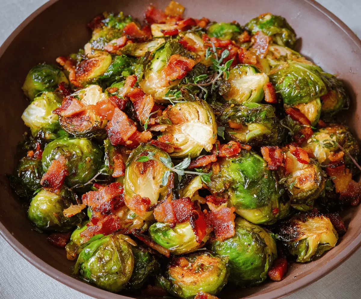 Delicious roasted Brussels sprouts caramelized with maple syrup and crispy bacon bits