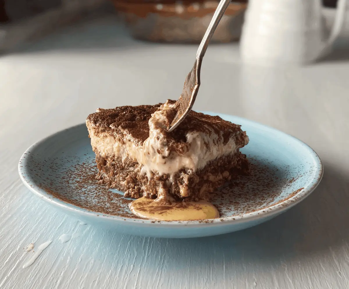 Delicious Mocha Tiramisu Baked Oats served on a plate with coffee beans.