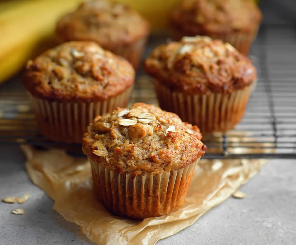 Delicious homemade no-fuss banana oat muffins on a plate, perfect for a healthy snack or breakfast.