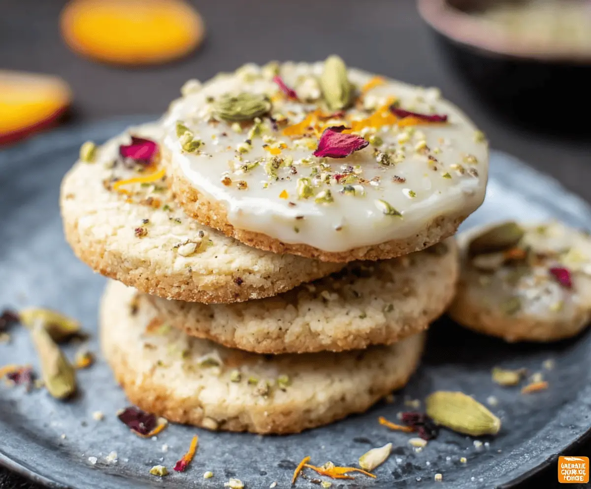 Delicious homemade Orange Cardamom Cookies on a rustic wooden table, showcasing a citrus and spice flavor combination.