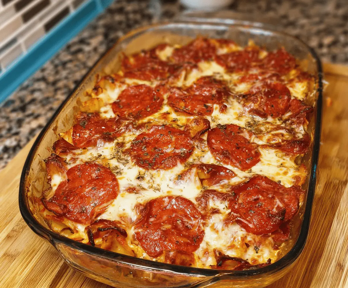 Delicious pepperoni pizza casserole with melted cheese and crispy edges served on a plate.