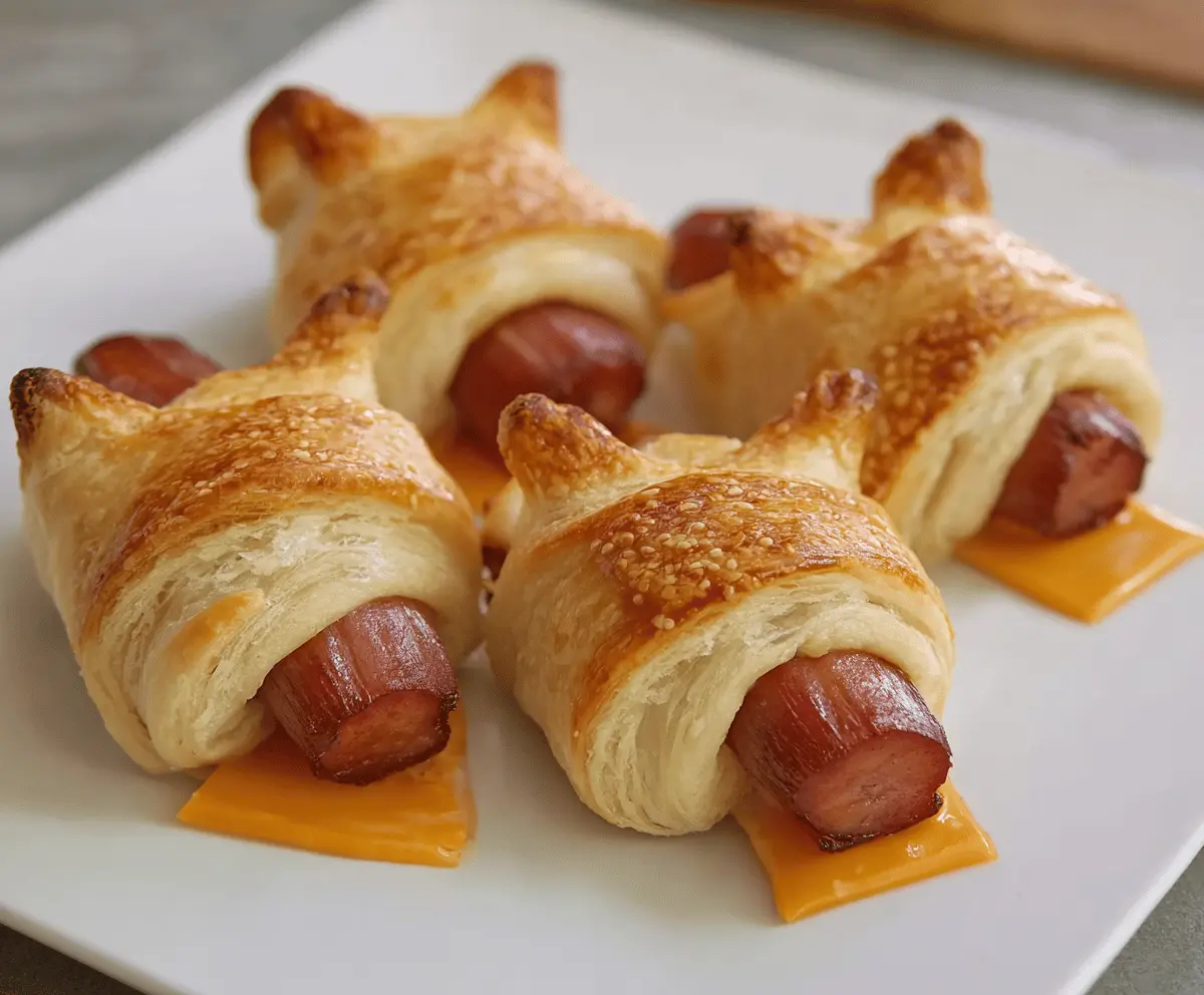 Delicious pigs in a blanket served on a plate, perfect as appetizers or snacks.