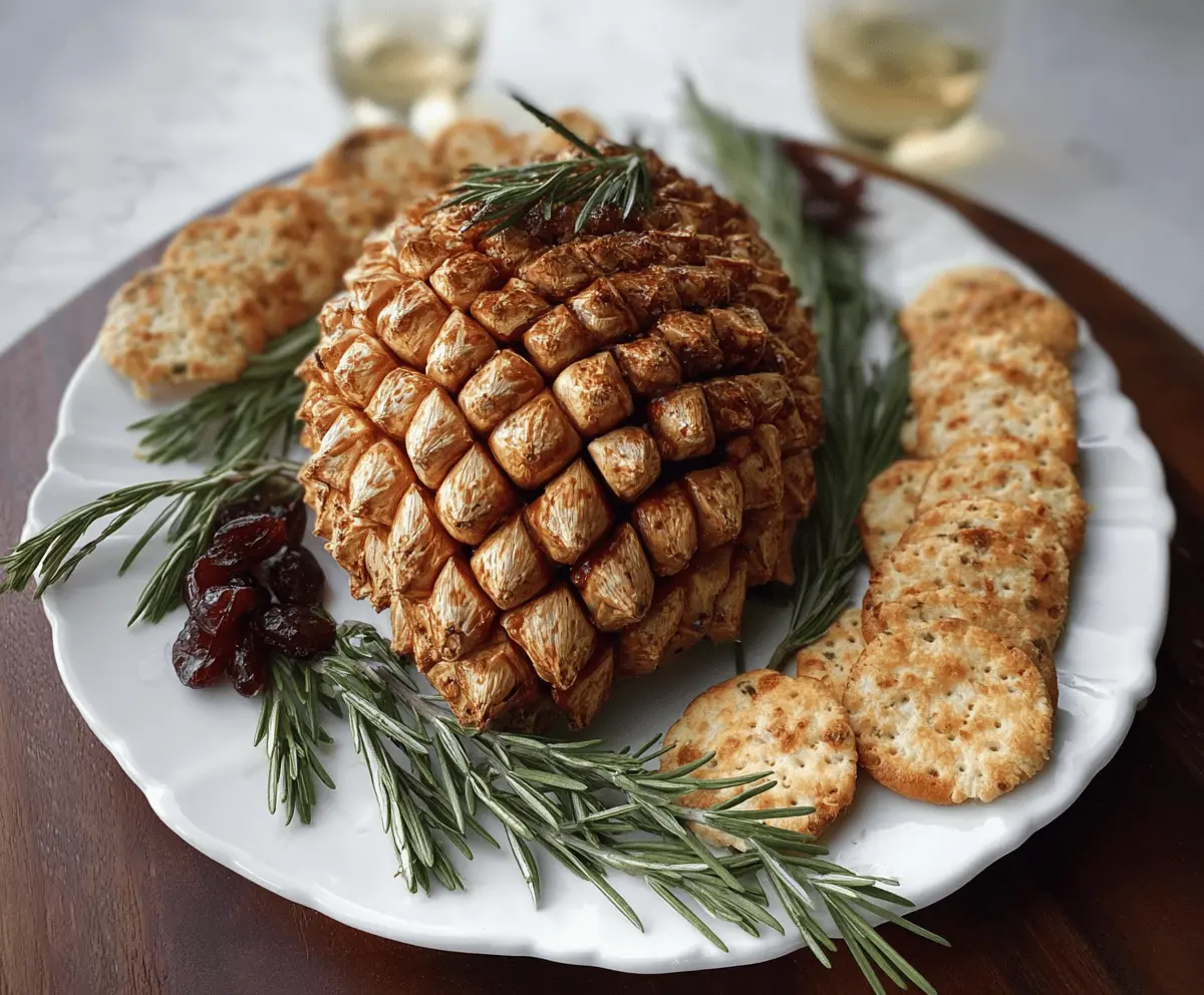 Delicious Pine Cone Cheese Ball decorated for a festive occasion.
