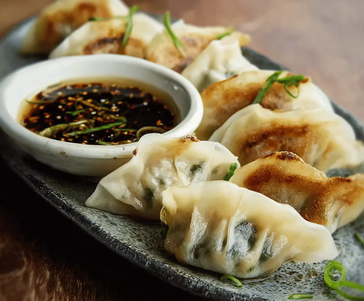 Delicious crispy pork gyoza dumplings served with dipping sauce on a plate.