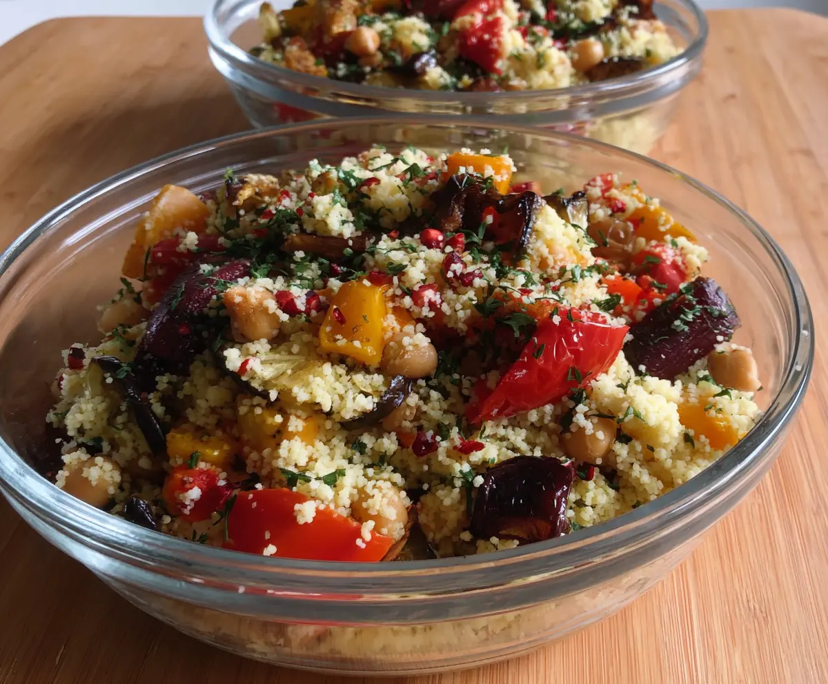 Colorful roast vegetable couscous salad with cherry tomatoes, bell peppers, and zucchini on a white plate.