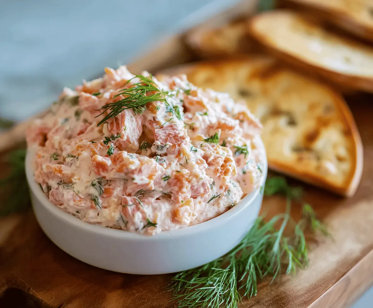 Creamy salmon spread served on a cracker, perfect for appetizers and party platters.