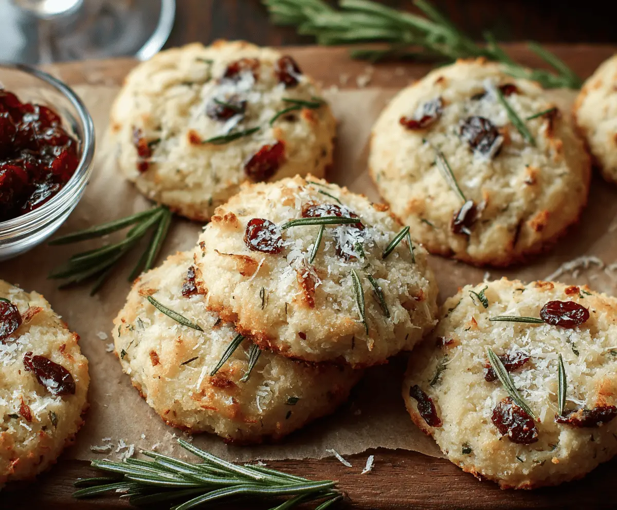 Savory cranberry rosemary Parmesan cookies arranged on a plate for a festive appetizer.