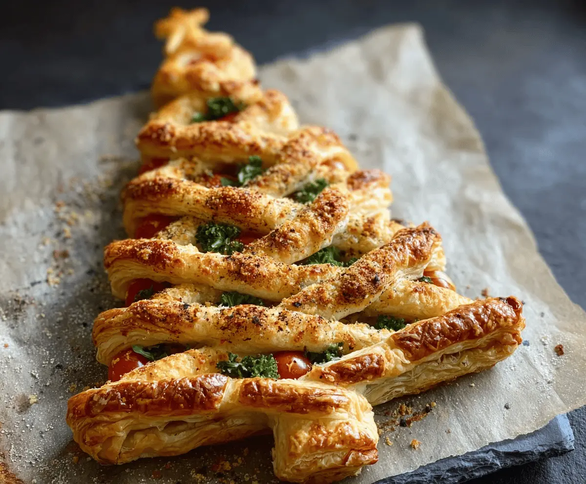 Delicious savory puff pastry shaped like a festive Christmas tree for holiday appetizers.