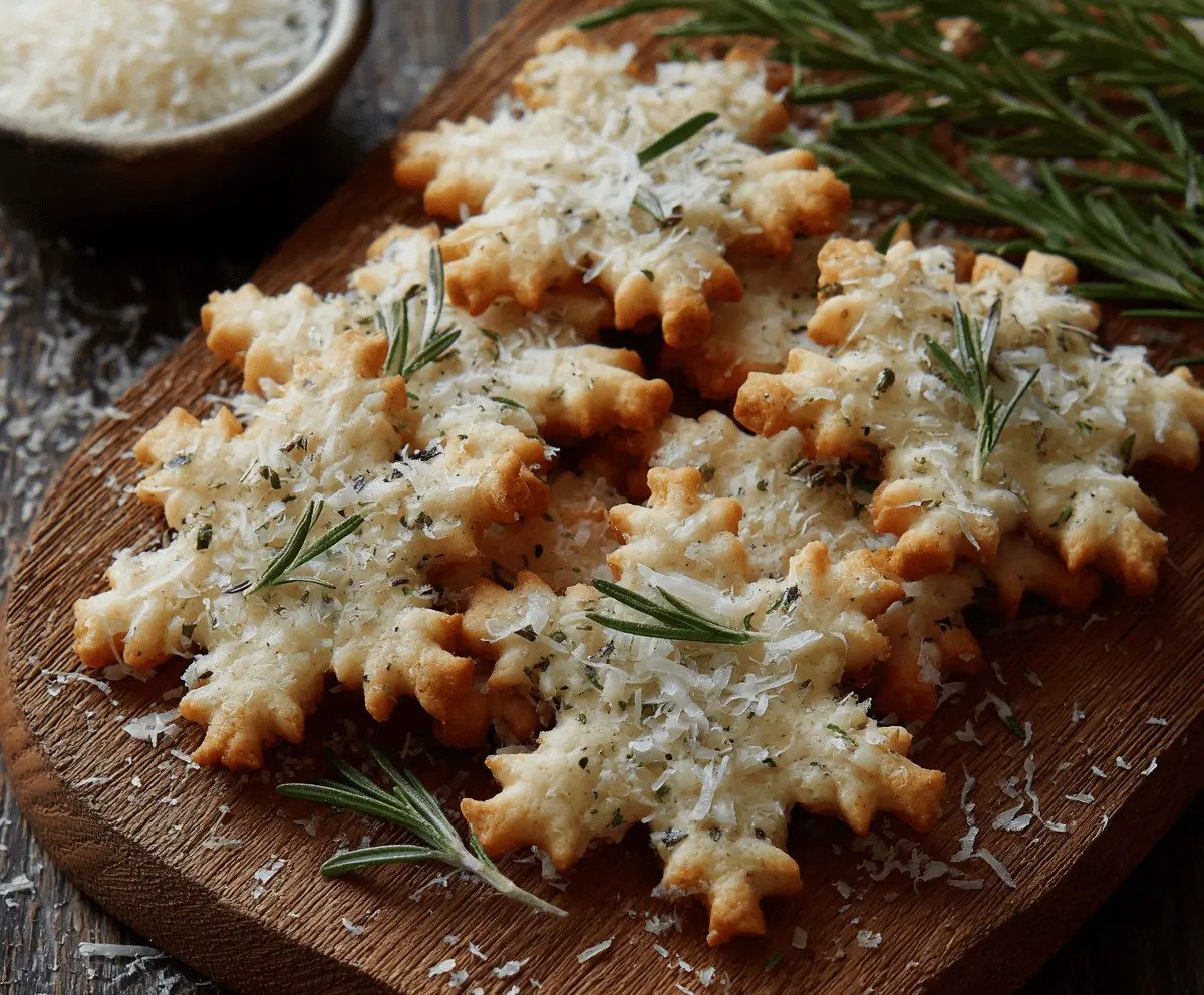 Delicious rosemary Parmesan snowflake cookies on a festive plate, perfect for holiday snacks.