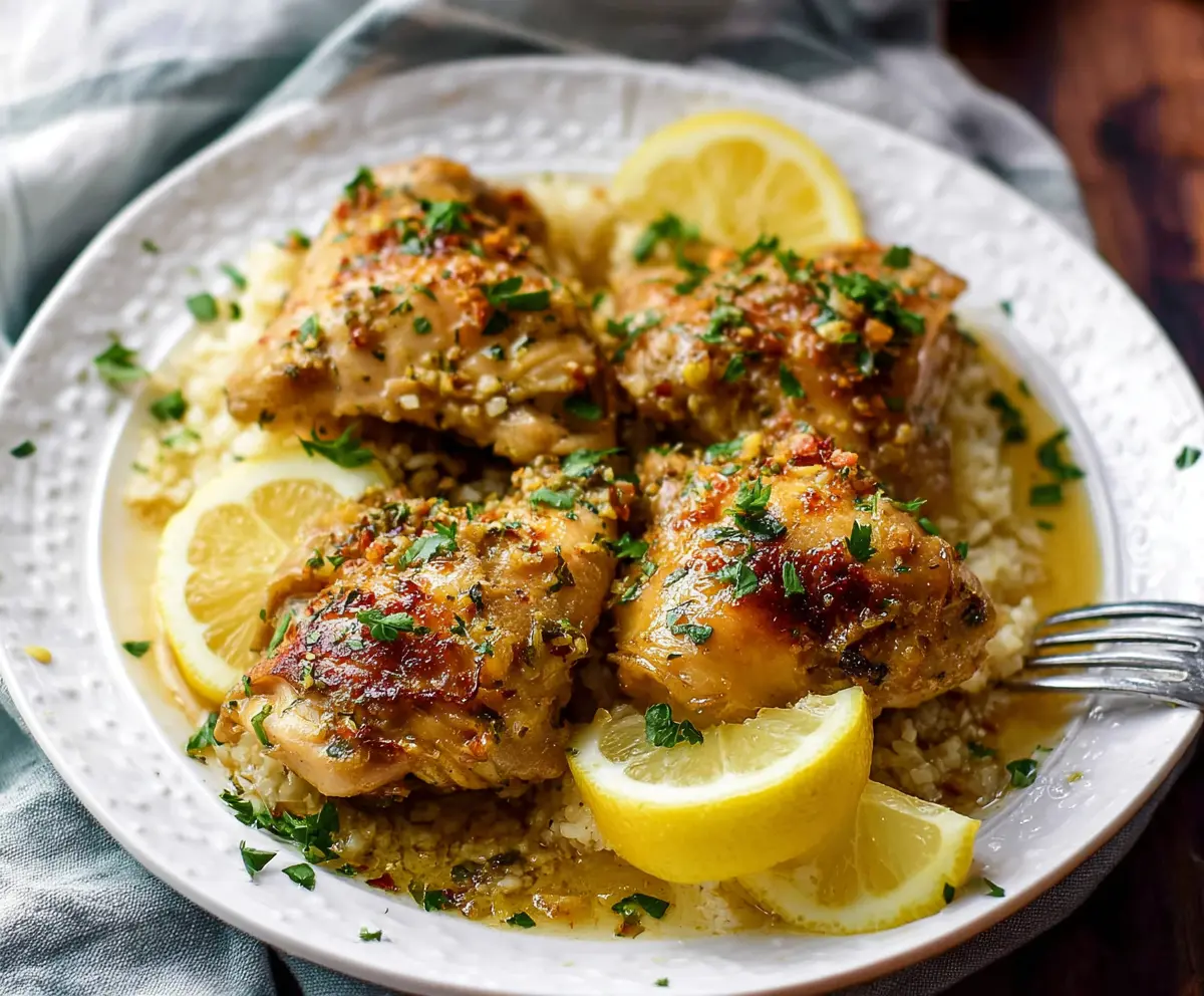 Juicy slow cooker chicken thighs topped with lemon and garlic butter garnished with fresh herbs.