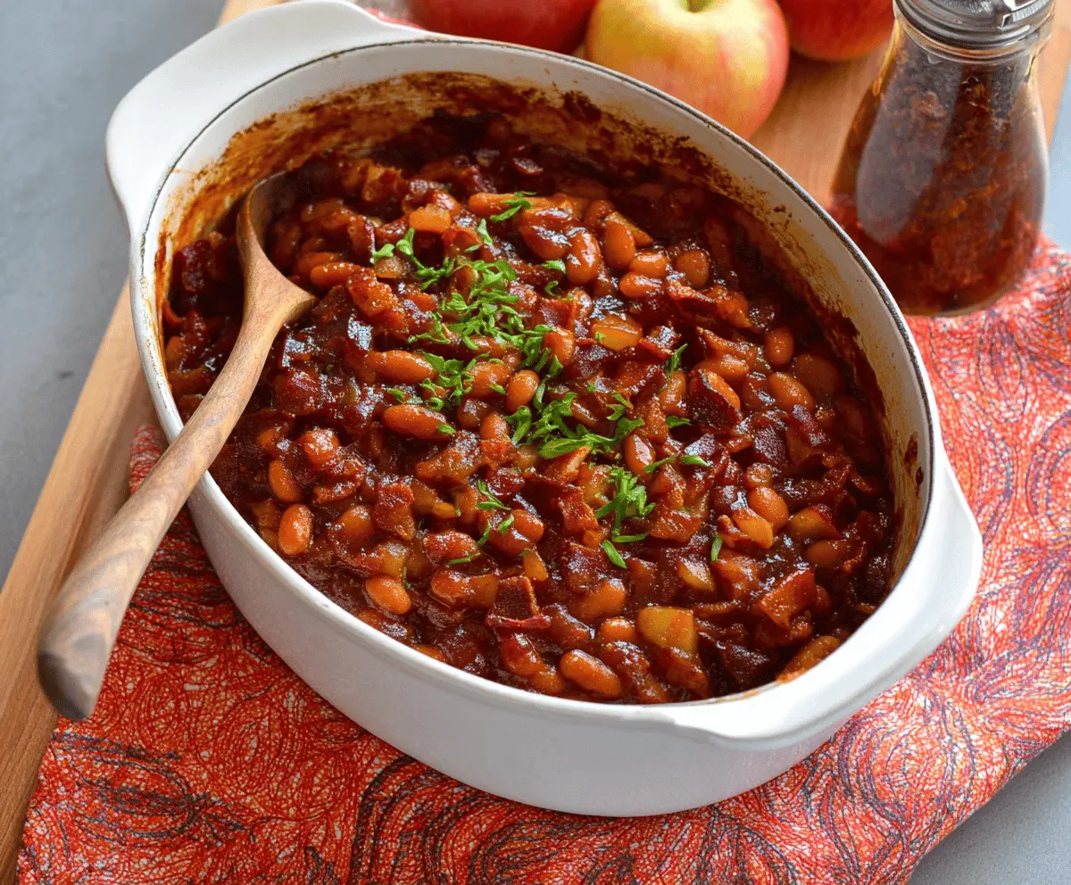 Smoky Bourbon Baked Beans with Apples and Bacon