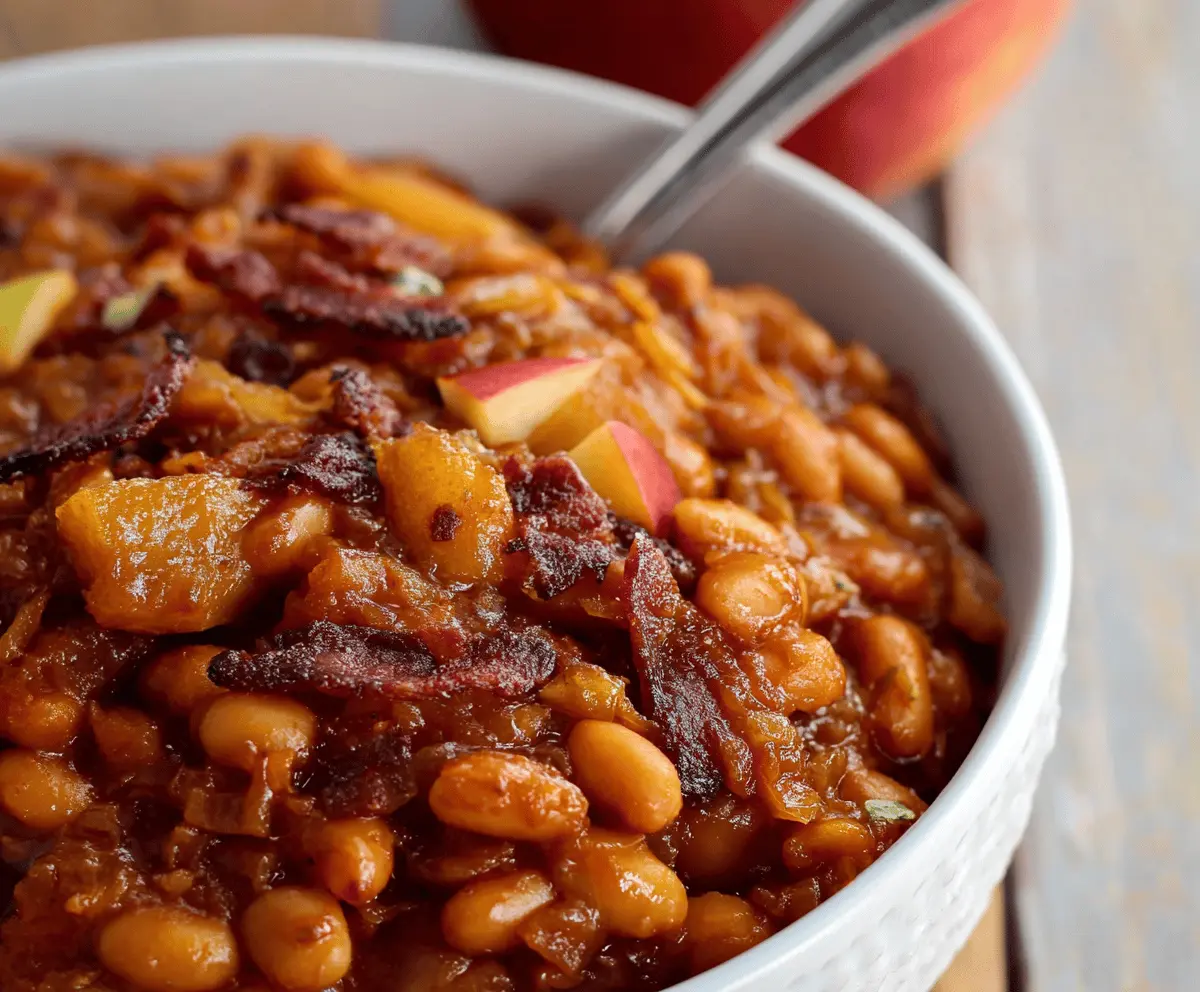 Delicious smoky bourbon baked beans with crispy bacon and sweet apples in a rustic dish.