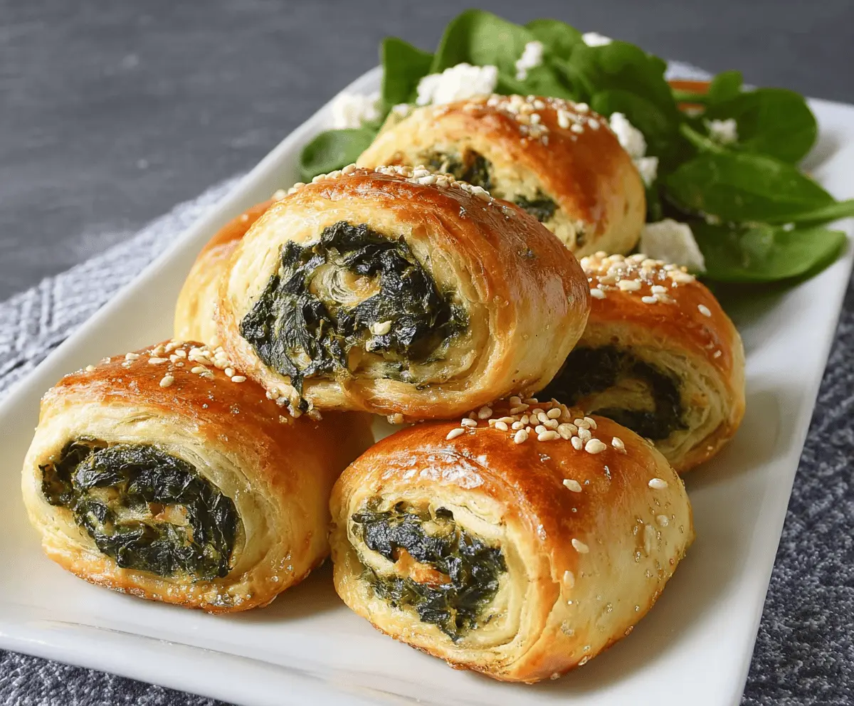 Golden spinach rolls wrapped in flaky puff pastry, perfect as an appetizer or snack.