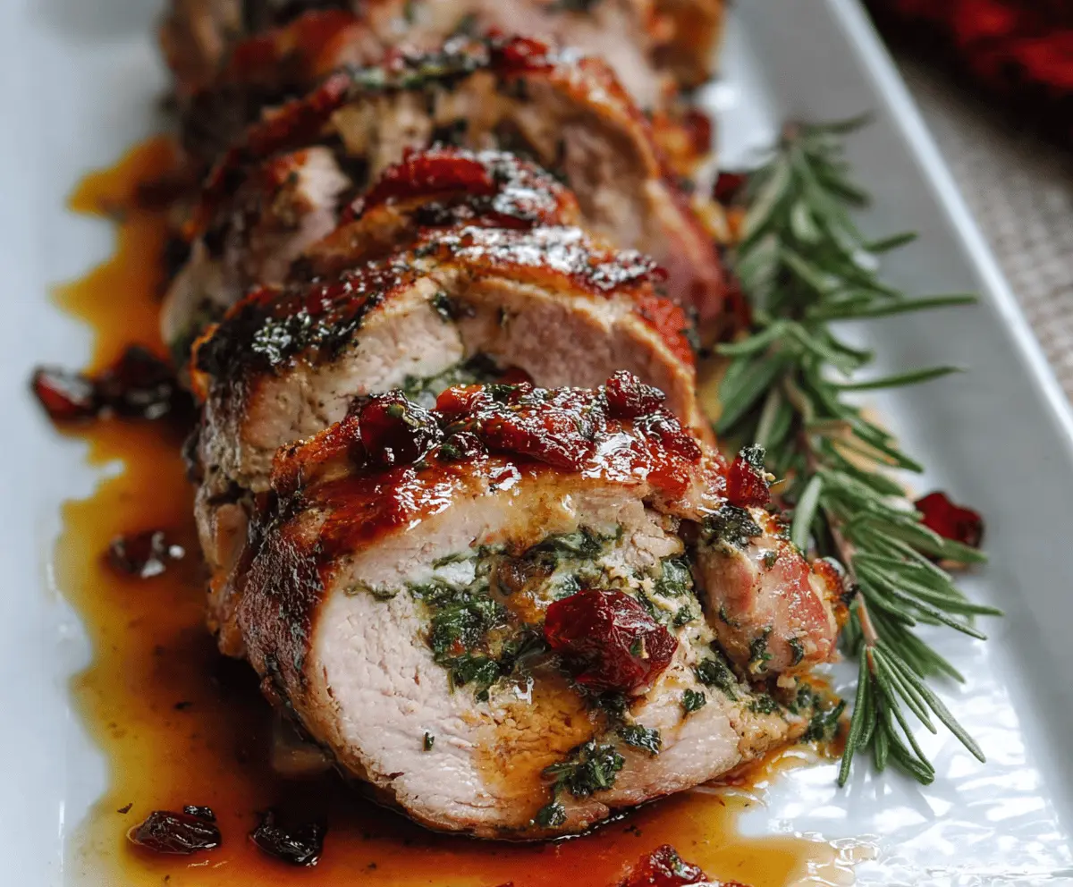 Delicious stuffed pork tenderloin with herbs and spices, perfect for holiday dinner.