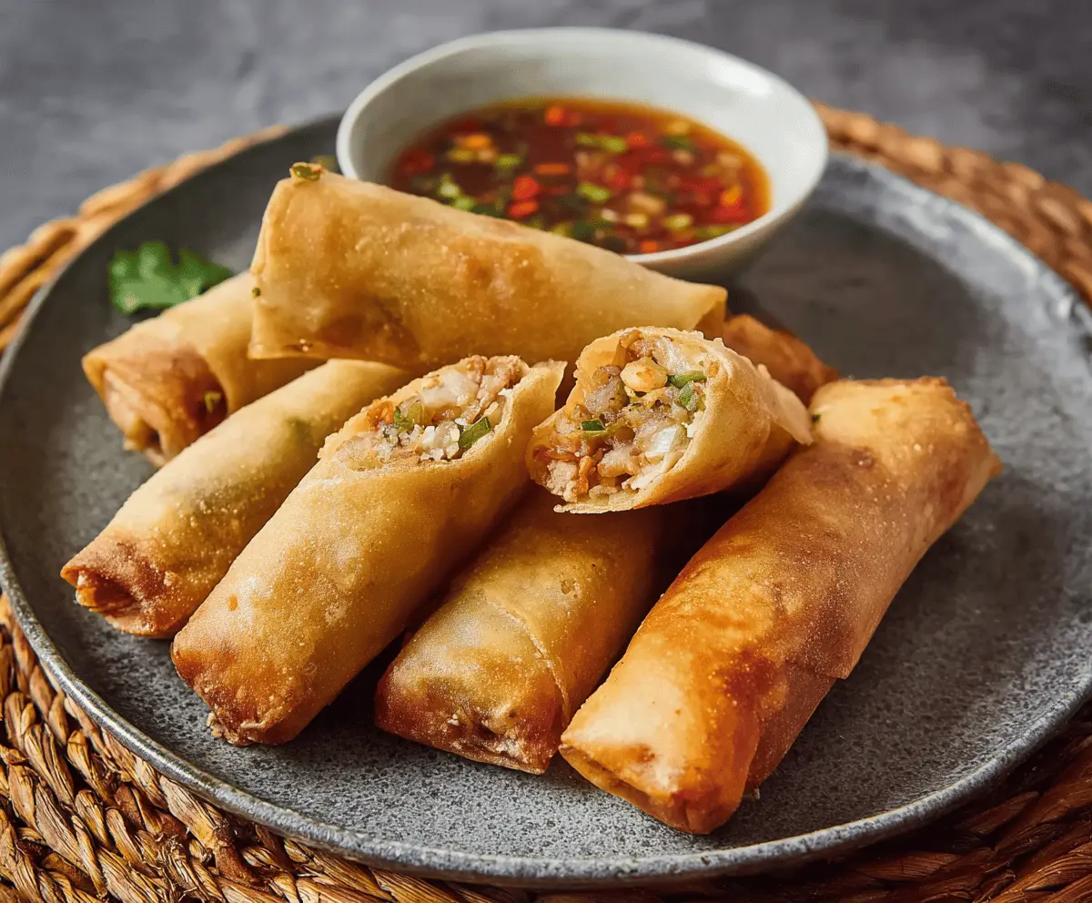 Crispy Filipino Lumpia filled with savory vegetables and meat, served as a delicious appetizer.