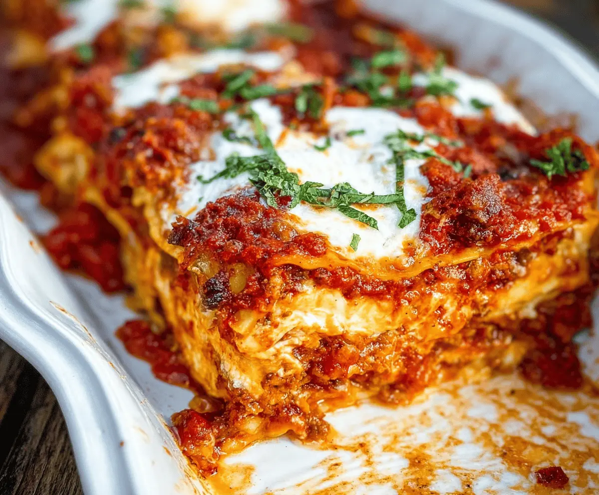 Delicious homemade lasagna with layers of rich tomato sauce, melted cheese, and savory ground beef, labeled as the world's best recipe.