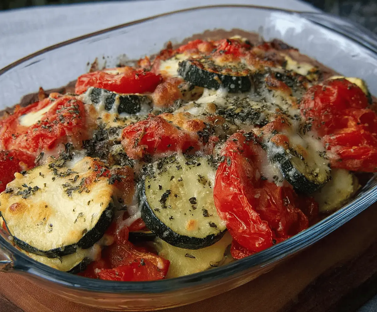 Delicious zucchini and tomato casserole with melted cheese and fresh herbs.