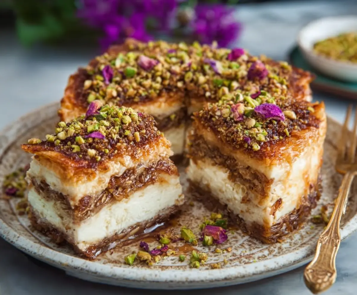Delicious Baklava Cheesecake with layers of flaky phyllo dough, honey glaze, and creamy cheesecake filling.