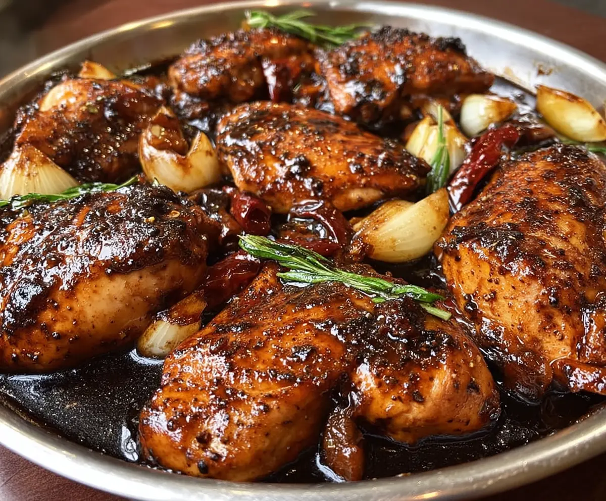 Delicious balsamic chicken served with fresh herbs on a rustic plate.