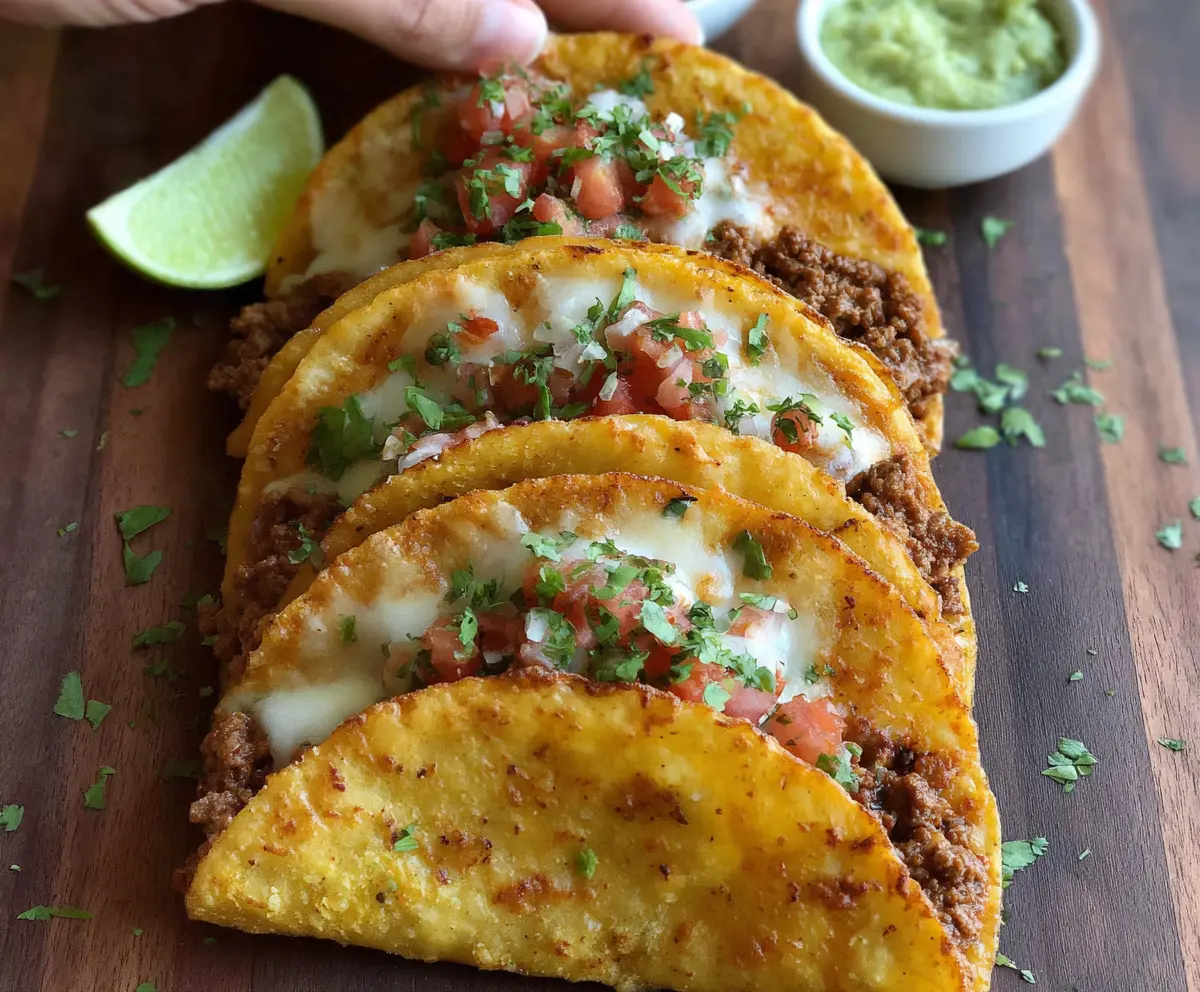 Delicious cheesy Rotel tacos topped with fresh ingredients served on a plate.